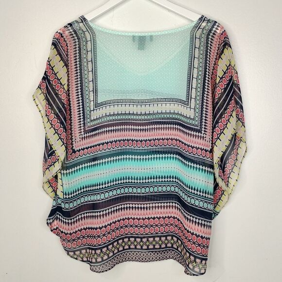 AGB Sheer Blouse Top Meduim Geometric Design Vneck Pink Yellow Green Blue White - Picture 12 of 16